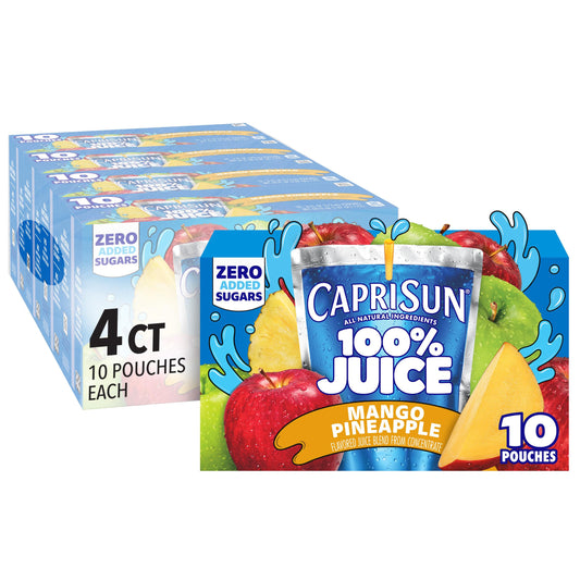 Capri Sun Mango Pineapple Flavored 100% Juice Blend from Concentrate with Added Ingredients and Other Natural Flavor, 40 ct Pack, 4 Boxes of 10 Pouches