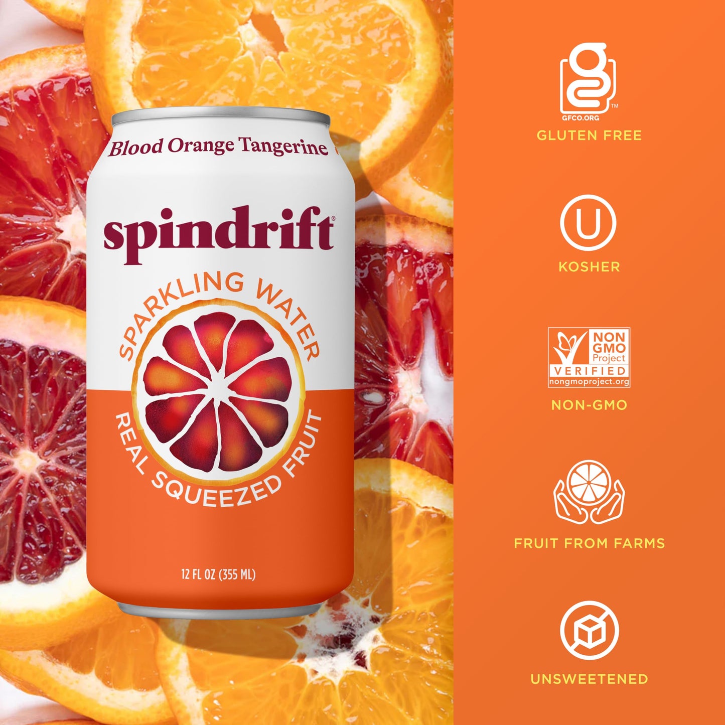 Spindrift Sparkling Seltzer Water, Blood Orange Tangerine Flavored, Made with Real Squeezed Fruit, 12 Fluid Ounce Cans, Pack of 8 Cans