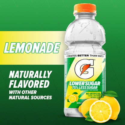 Gatorade Lower Sugar Electrolyte Sports Drink, Lemonade, 20 fl oz Bottles, (6 Pack), 75% Less Sugar, No Artificial Flavors, No Artificial Sweeteners, No Artificial Colors, Hydration