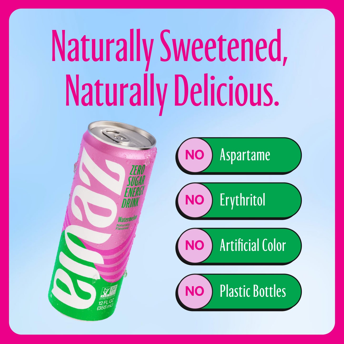 Zevia Zero Sugar Energy Drink, Watermelon, 12 Ounce Can