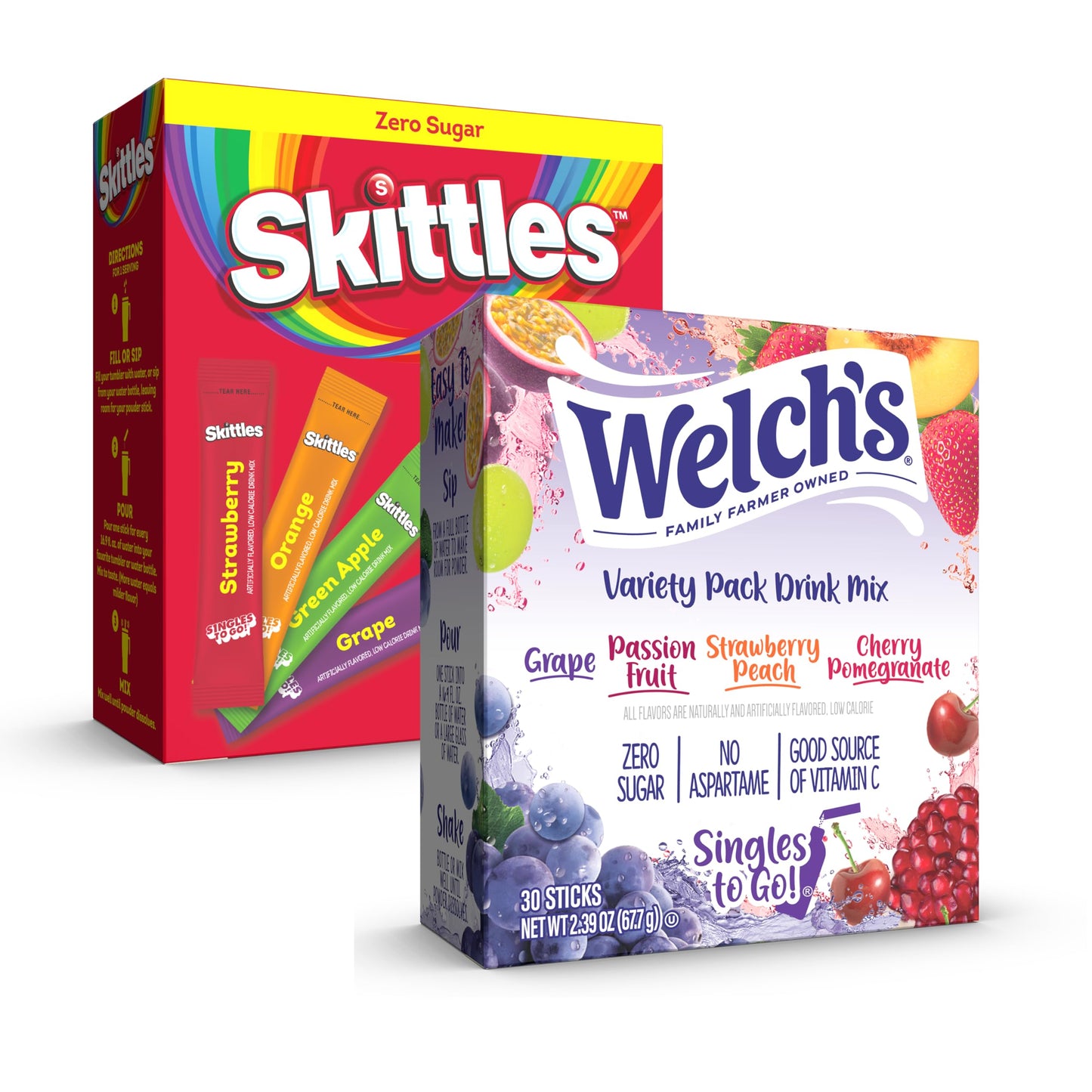 Welch's & Skittles Singles To Go Drink Mix Variety Pack, 8 Fruity Flavors, Zero Sugar, Low Calorie, 2 Boxes (60 Sticks)