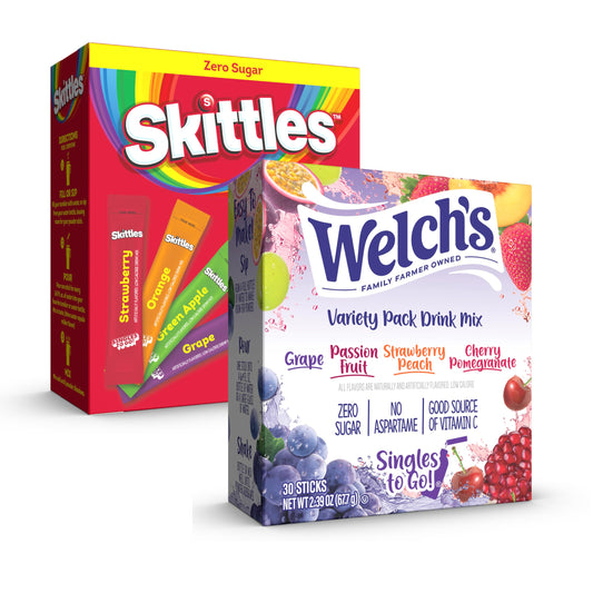 Welch's & Skittles Singles To Go Drink Mix Variety Pack, 8 Fruity Flavors, Zero Sugar, Low Calorie, 2 Boxes (60 Sticks)