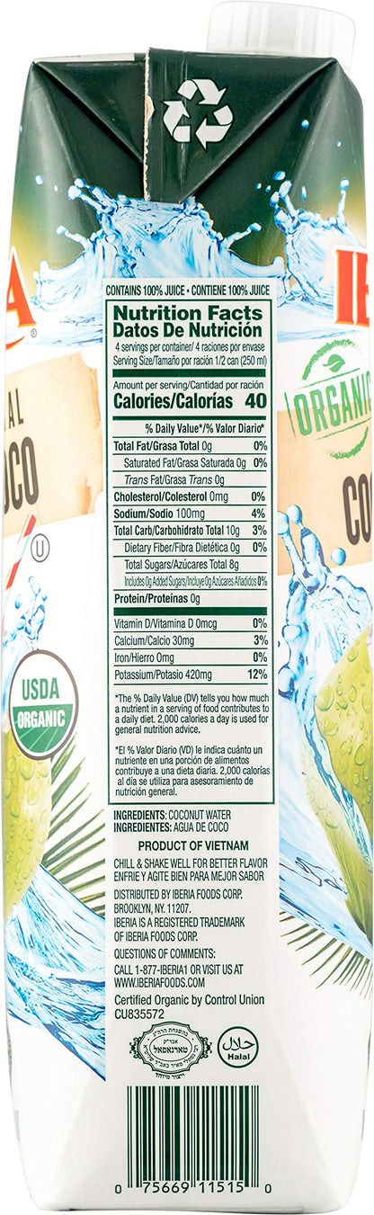Iberia Organic Coconut Water, 1 Liter (Pack of 12) USDA Organic Coconut Water, 100% Natural Coconut Water, No Sugar Added, Non GMO, Kosher