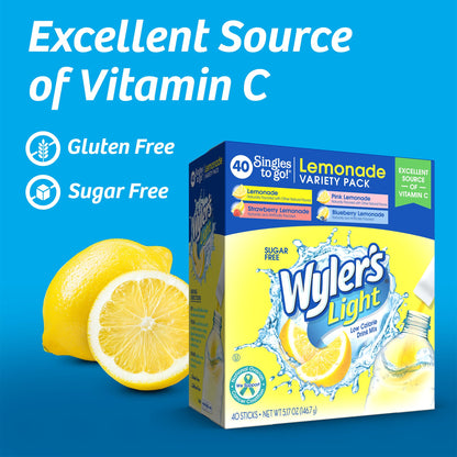 Wyler's Light Lemonade Variety Pack, 40 ct Singles to Go Powder Packets, Water Drink Mix, Variety Pack, Pink, Strawberry & Blueberry Lemonade, Sugar & Caffeine Free, On-The-Go,(Pack of 1)