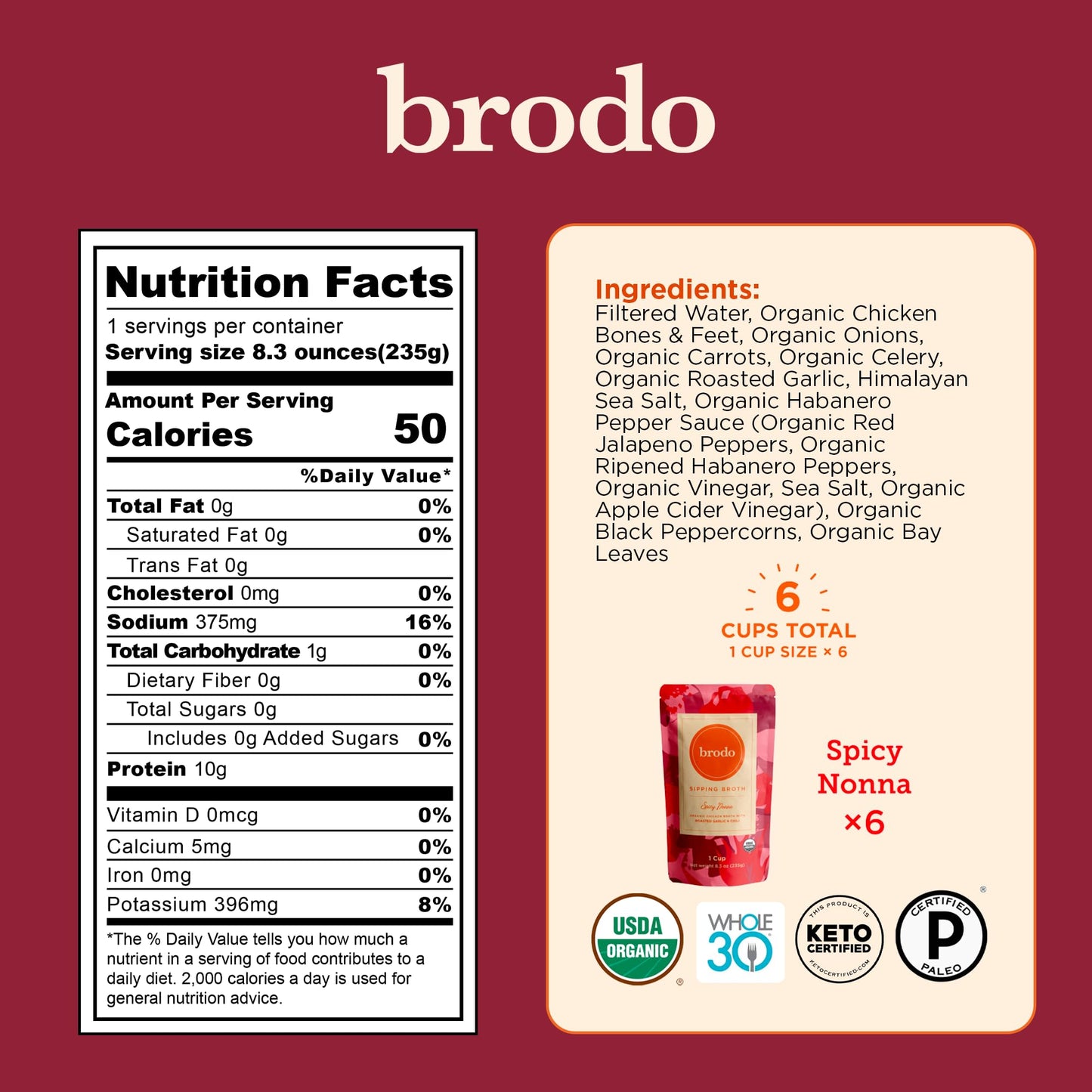 Brodo Bone Broth Bundle, Variety, Classic, and Spicy Nonna Packs, 8.3 oz (18 Cups Total)