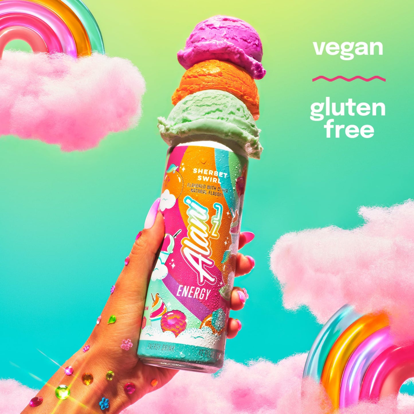 Alani Nu Energy Drink, Sherbet Swirl, 12 Fl Oz, Zero Sugar, Gluten Free, Vegan, B Vitamins