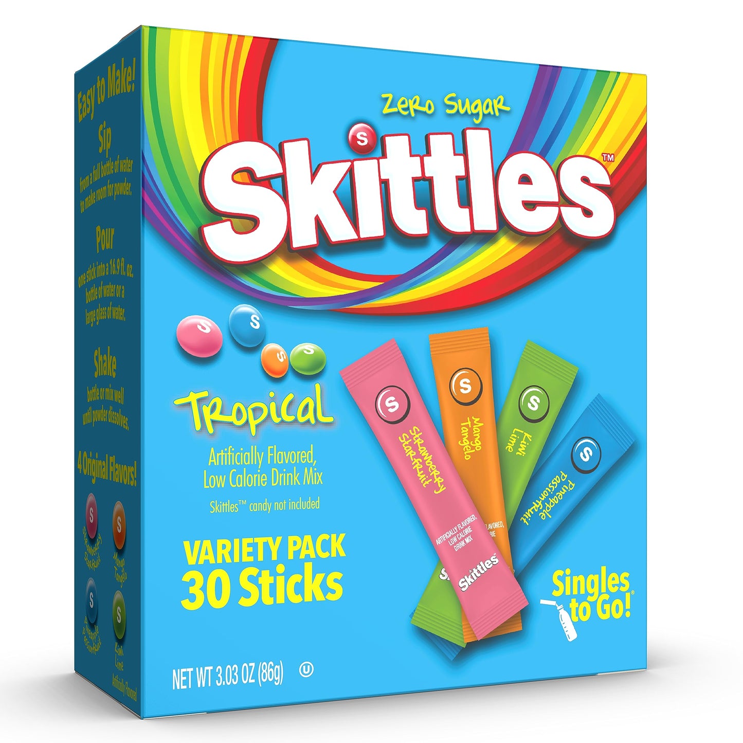 Sunkist Soda & Skittles Tropical Variety Pack,60 Count, Singles To Go Powdered Drink Mix, Zero Sugar, Low Calories Soda and Tropical Drink mix