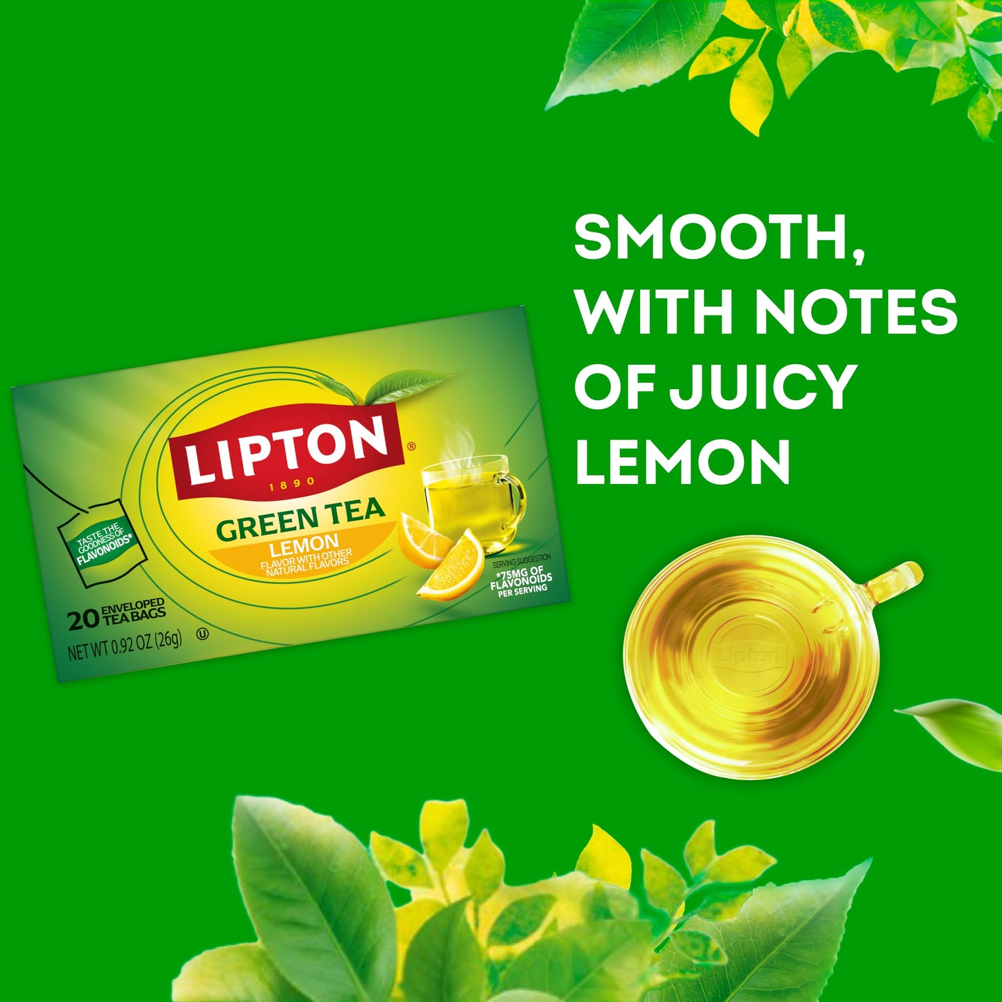 Lipton Lemon Green Tea Bags, Flavored, Unsweetened Teabags for Hot Tea or Iced Tea with Caffeine and Flavonoids, 20 Total Tea Bags