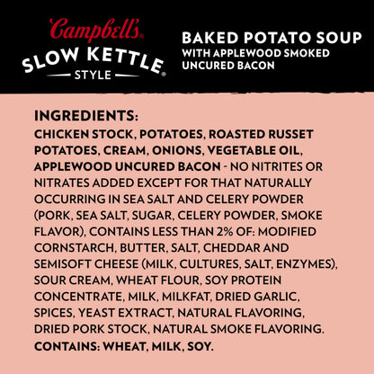 Campbell's Slow Kettle Style Baked Potato Soup with Applewood Smoked Uncured Bacon, 15.5 oz Microwavable Bowl