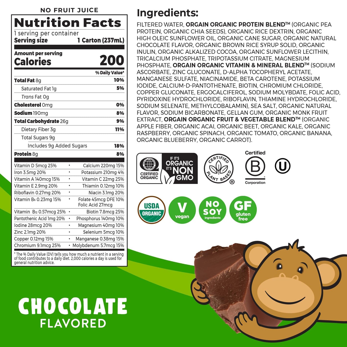 Orgain Organic Kids Nutritional Vegan Protein Shake, Chocolate - Healthy Kids Snacks, 8g Plant Protein, 23 Vitamins & Minerals, 3g Fiber, No Dairy & Soy, Non-GMO, 8 Fl Oz (12 Pack) Package May Vary