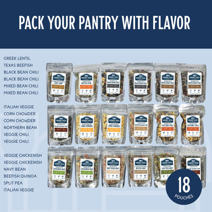 Harmony House Trail Ready Gourmet Soup and Chili Pack – 18 Count Variety Pack, Resealable Zip Pouches, For Cooking, Camping, Emergency Supply and More