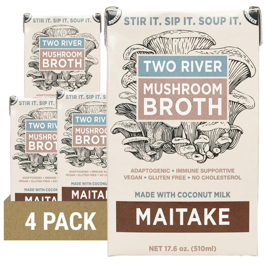 Two River Maitake Mushroom Broth | Organic Vegan Bone Broth Alternative, Creamy Coconut Curry Sipping Drink for Soup & Curries | Plant Based Gluten Free Meal, Ready to Sip – 17.6 fl oz (Pack of 4)