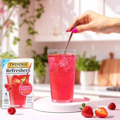 NEW Twinings Strawberry Raspberry Refreshers, Herbal Tea Instant Beverage with Real Strawberry Fruit Bits, 5 Count (Pack of 1), Café Style, No Artificial Sweeteners, Naturally Caffeine-Free, 5 Packets
