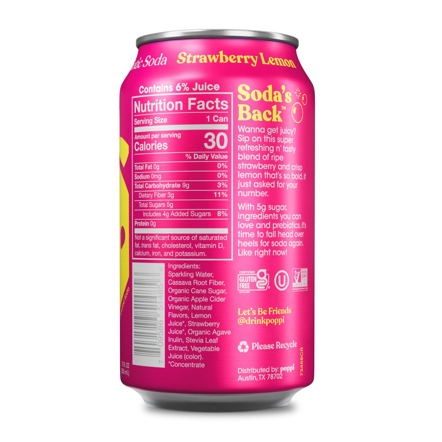 Poppi Sparkling Prebiotic Soda Beverage with Apple Cider Vinegar, Seltzer Water and Fruit Juice, Strawberry Lemon Flavor, 12 Fl Oz, 1 Count, Packaging May Vary