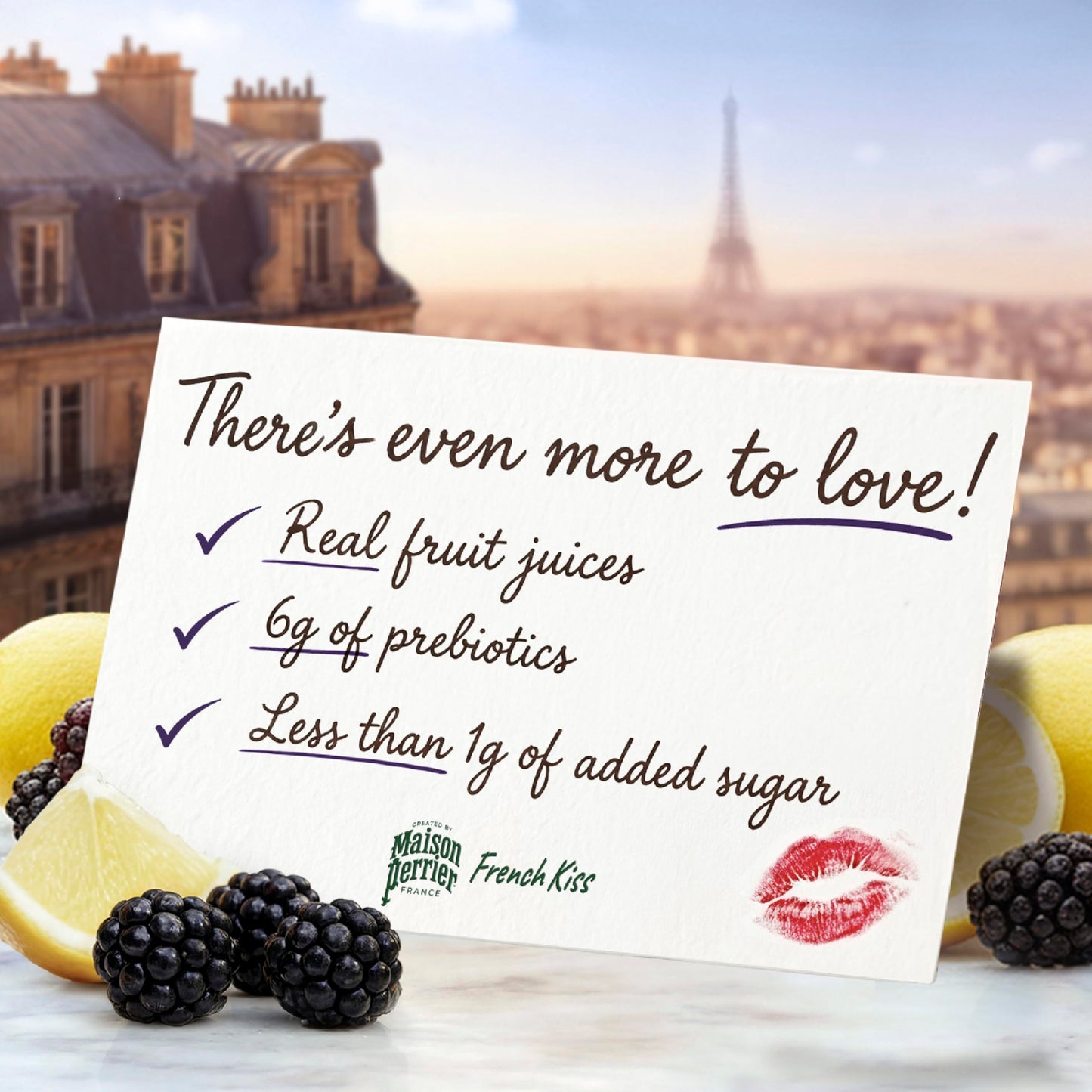 Maison Perrier French Kiss Sweetened Sparkling Juice Beverage, Blackberry & Lemon Flavors With Real Fruit Juices, 24Pk