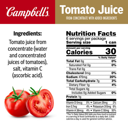 Campbell's 100% Tomato Juice, 5.5 fl oz Can (6 Pack)