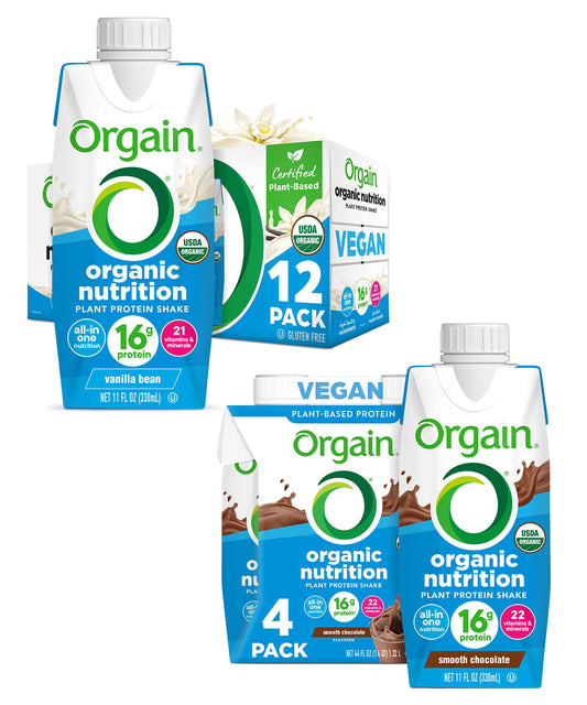 Orgain Organic Vegan Plant Based Nutritional Shake, Vanilla Bean + Smooth Chocolate, Packaging May Vary, 11 Fl Oz (Pack of 4)