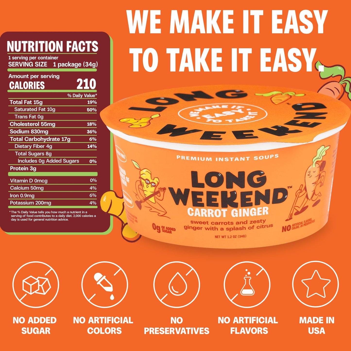 Long Weekend Freeze-Dried Vegetable Soup – Instant Soup with Real Vegetables – Nourishing, Thoughtful Nutrition, Shelf-Stable Meal, Just Add Water – Carrot Ginger, 6 Pack