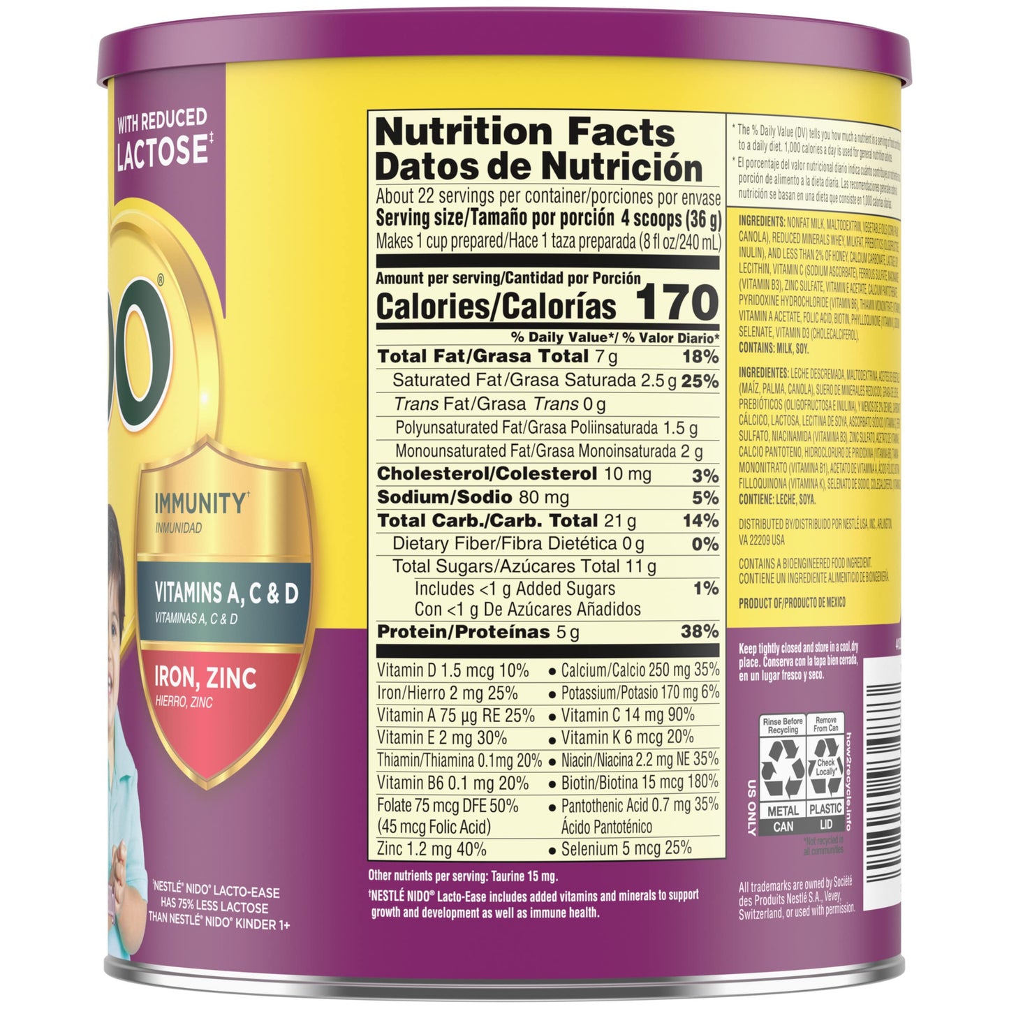 Nestlé NIDO Lacto-Ease Toddler Milk Beverage Powder Mix, Reduced Lactose, Toddler Nutritional Drink, Powdered Milk for Toddlers, 22 Servings per Container, 28.2 OZ, Pack of 1