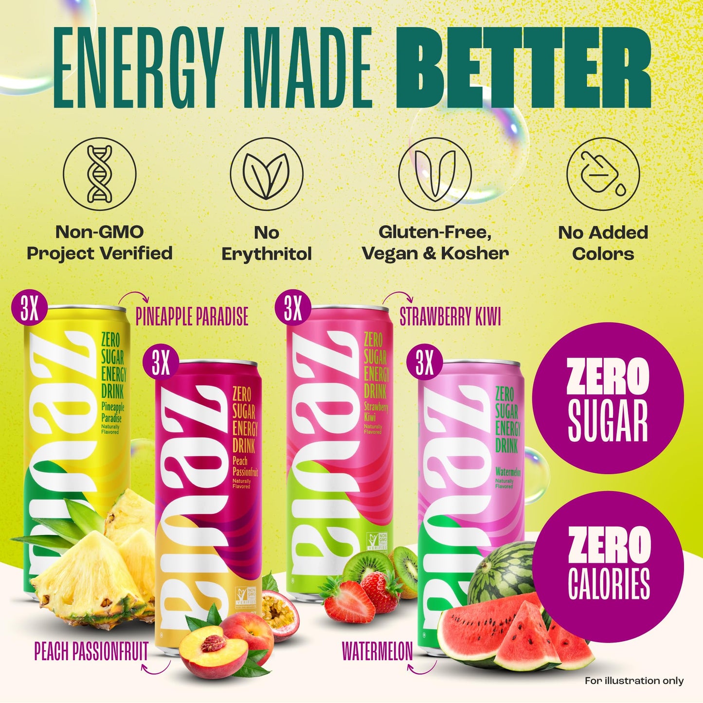 Zevia Zero Sugar Energy Drink, Fruity Fuel Variety Pack, 12 oz Cans (12-Pack) – Naturally Sweetened, Non-GMO Project Verified, Gluten-Free, Vegan