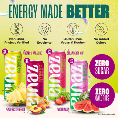 Zevia Zero Sugar Energy Drink, Fruity Fuel Variety Pack, 12 oz Cans (12-Pack) – Naturally Sweetened, Non-GMO Project Verified, Gluten-Free, Vegan