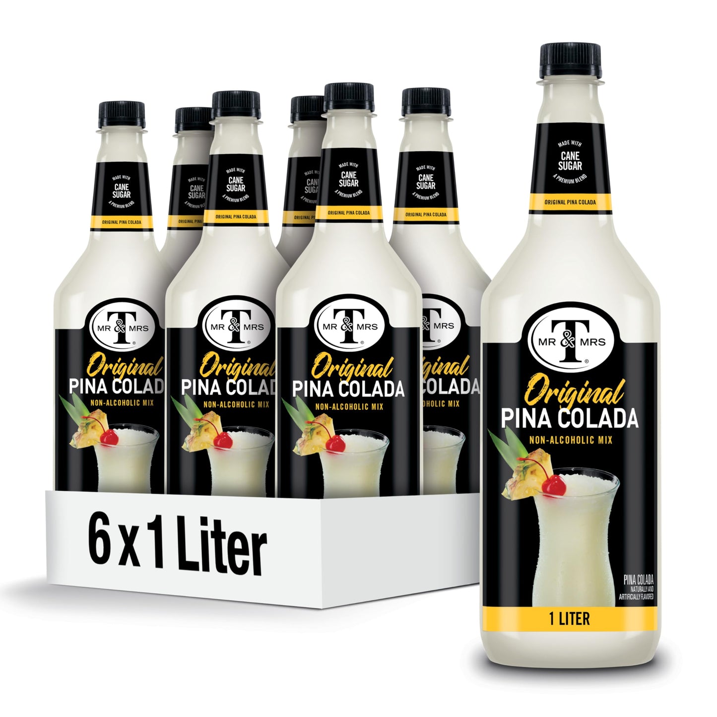 Mr & Mrs T Pina Colada Mix, 1 L bottle (Pack of 6), Pineapple and Coconut Blend Flavored Cocktail Mixer, Made with Cane Sugar, Perfect for Traditional Pina Colada and Mocktail Drinks