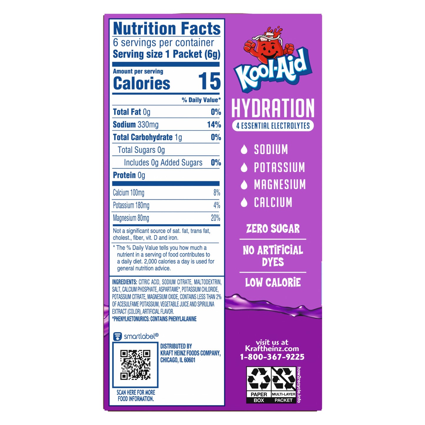 Kool-Aid Hydration Electrolyte Powder Drink Mix, 6 On-the-Go-Packets, for Easy and Flavorful Hydration, Grape Artificial Flavor, Zero Sugar, No Artificial Dyes, Low Calorie, 1.32 oz Box