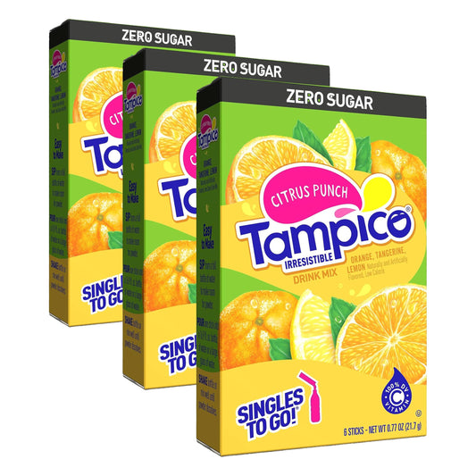 Tampico Singles To Go Drink Mix Packets, Citrus Punch, 6-Count Box – Zero Sugar, Low Calorie Powdered Drink Packets, 100% DV of Vitamin C per Serving, Convenient, On-The-Go Water Enhancers (Pack of 3)