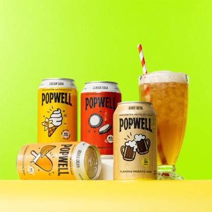 Popwell Retro Recharge Variety Pack Better-For-You Prebiotic Soda, with 6g Fiber, 1g Sugar, Vitamins and Immunity Support, 12 fl oz, 12 count (Root Beer, Classic Cola, Orange Cream, Cream Soda)