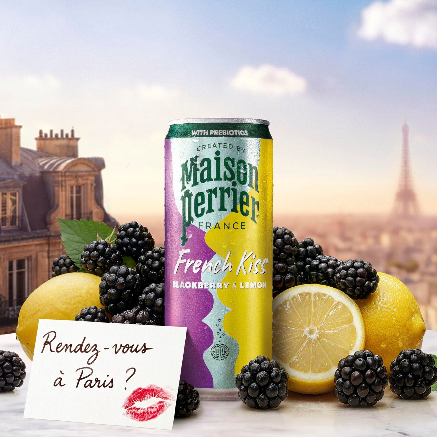 Maison Perrier French Kiss Sweetened Sparkling Juice Beverage, Blackberry & Lemon Flavors With Real Fruit Juices, 24Pk