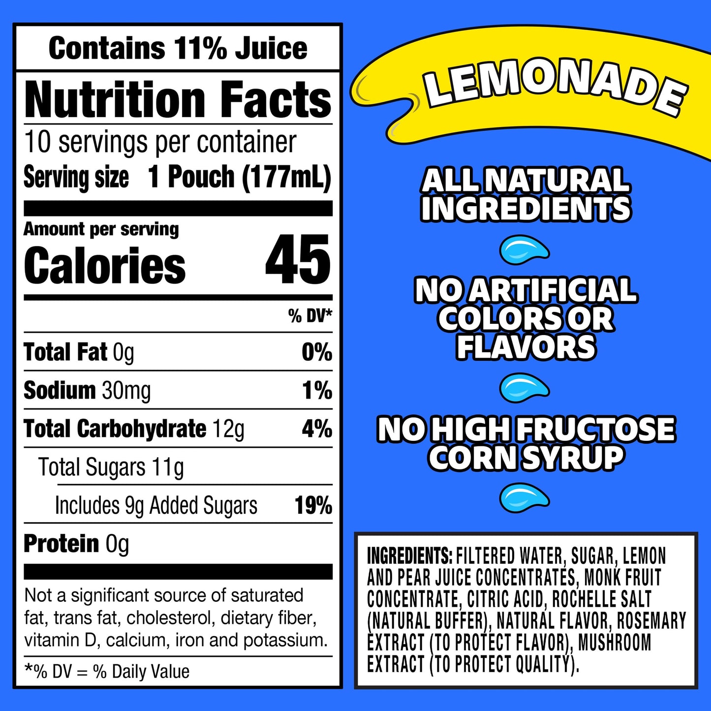 Capri Sun Flavored with Other Natural Flavor Juice Drink Blend, 10 Pouches, for School Lunches and On-the-Go Hydration, Lemonade, All Natural Ingredients, 6 fl oz