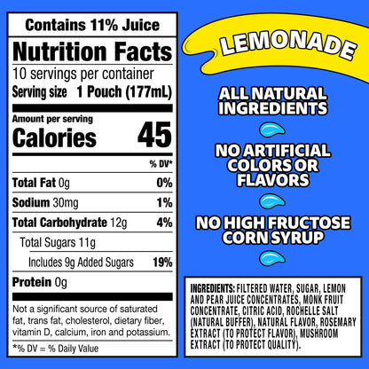 Capri Sun Flavored with Other Natural Flavor Juice Drink Blend, 10 Pouches, for School Lunches and On-the-Go Hydration, Lemonade, All Natural Ingredients, 6 fl oz