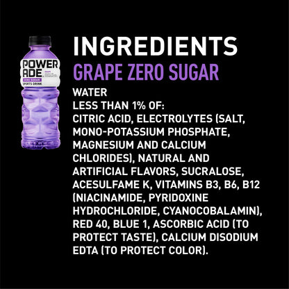 POWERADE Electrolyte Enhanced Zero Sugar Grape Sports Drink, 20 Ounce (Pack of 8)