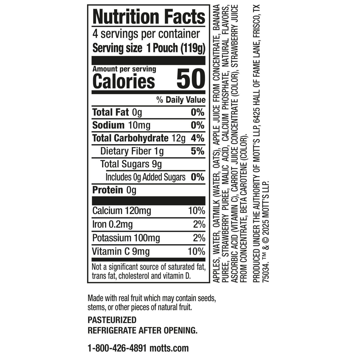 Mott’s Fruit Smoothies Strawberry Banana, 4.2 oz clear pouches, 4 Pack, Non-dairy, Made With Oatmilk, Made With Real Fruit, Good Source of Calcium, On-the-Go