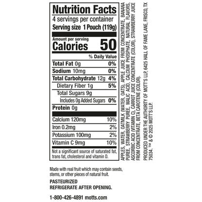 Mott’s Fruit Smoothies Strawberry Banana, 4.2 oz clear pouches, 4 Pack, Non-dairy, Made With Oatmilk, Made With Real Fruit, Good Source of Calcium, On-the-Go