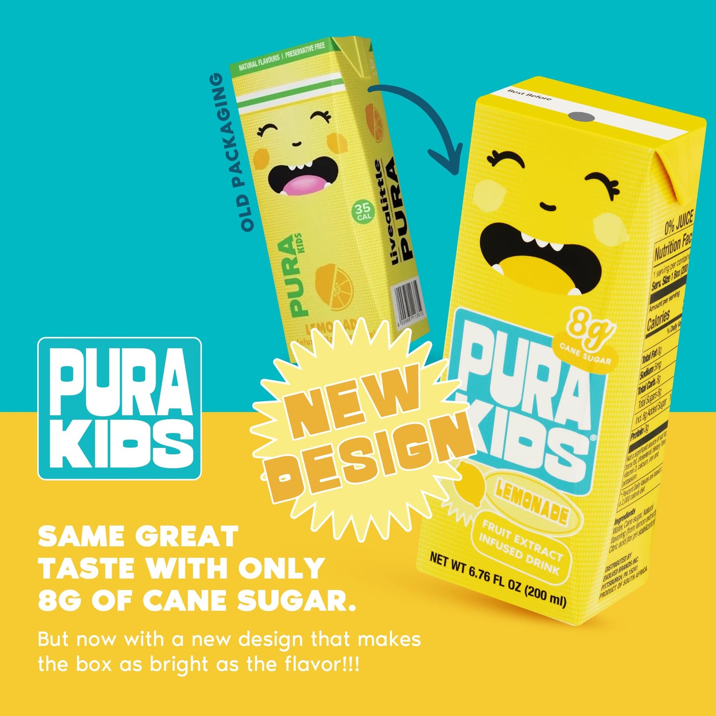 PURA Kids Box | Lemonade Fruit extract infused Drink for kids | 8g Pure Cane Sugar | Non-GMO | Vegan, No Artificial Sweeteners | Best Lunchbox Beverage with Paper Straw | 6.76 fl oz (200ml), Pack of 6