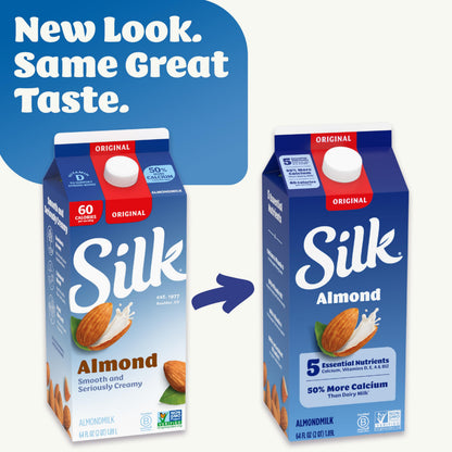 Silk Almond Milk, Original, Dairy Free, Gluten Free, Seriously Creamy Vegan Milk with 50% More Calcium than Dairy Milk, 64 FL OZ Half Gallon