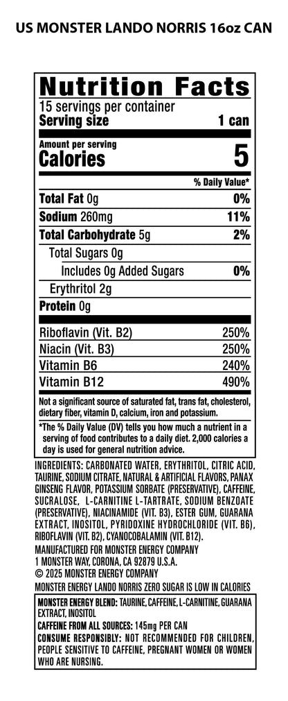 Monster Energy Lando Norris, Sugar Free Energy Drink, 16 Ounce (Pack of 15)