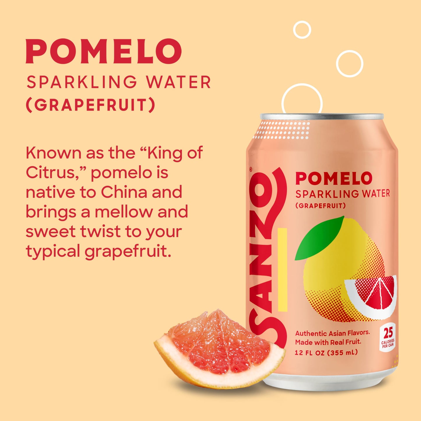 Sanzo Flavored Sparkling Water - Pomelo Grapefruit Seltzer - Low Calorie Low Sugar - Craft Asian Drinks - Vegan Gluten Free Carbonated Flavored Water - Fizzy Bubbly Healthy Drinks - 12oz, 6 Pack