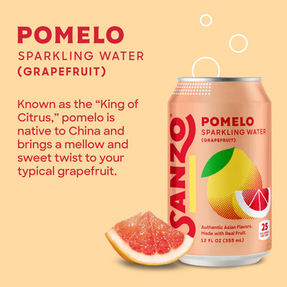 Sanzo Flavored Sparkling Water - Pomelo Grapefruit Seltzer - Low Calorie Low Sugar - Craft Asian Drinks - Vegan Gluten Free Carbonated Flavored Water - Fizzy Bubbly Healthy Drinks - 12oz, 6 Pack