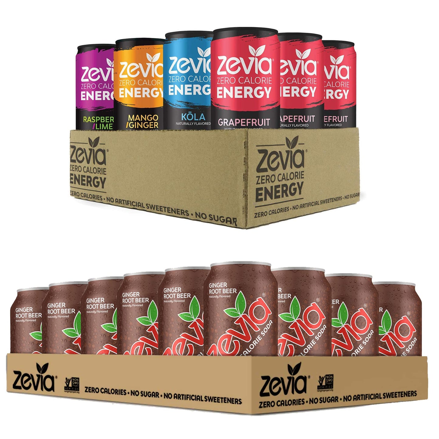 Zevia Zero Calorie Soda Variety Pack, Ginger Root Beer & Energy Drink (36 Cans)