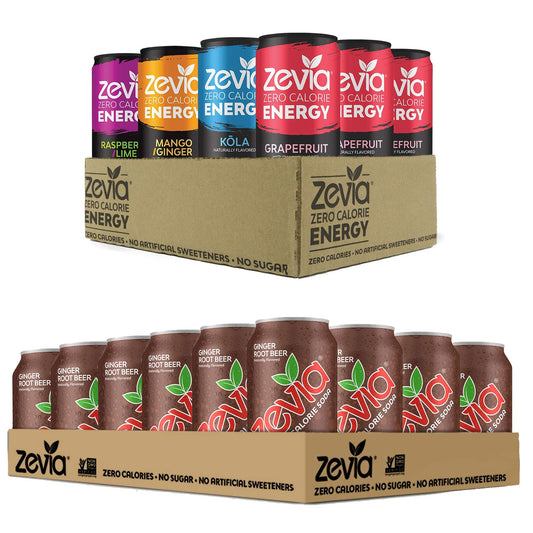 Zevia Zero Calorie Soda Variety Pack, Ginger Root Beer & Energy Drink (36 Cans)