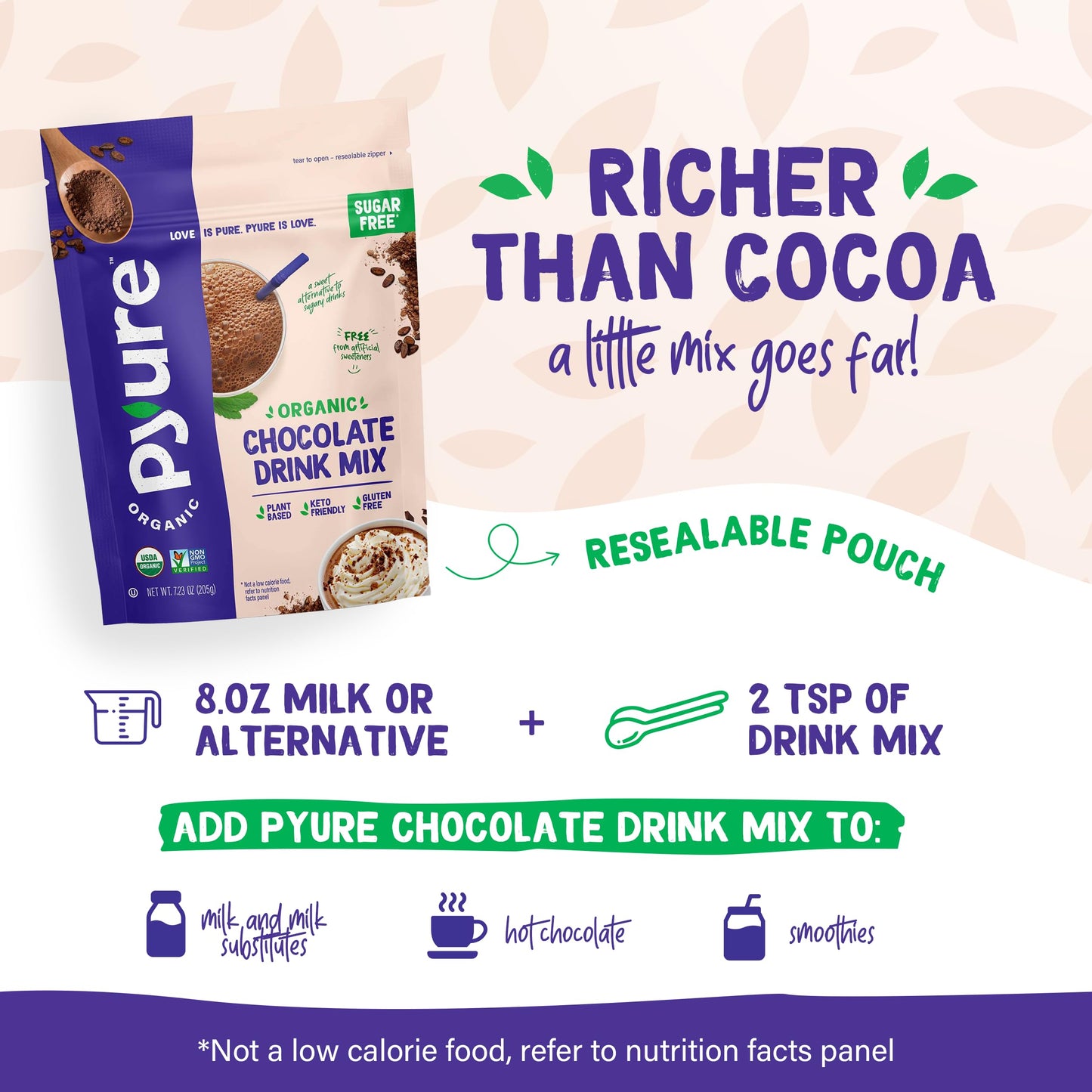Pyure Organic Sugar Free Chocolate Drink Mix | Low Carb Chocolate Milk Powder with Cocoa | Keto, Vegan, Gluten-Free, Plant-Based | 1 Net Carb, Zero Sugar, Non-GMO, USDA Organic | 7.23 oz