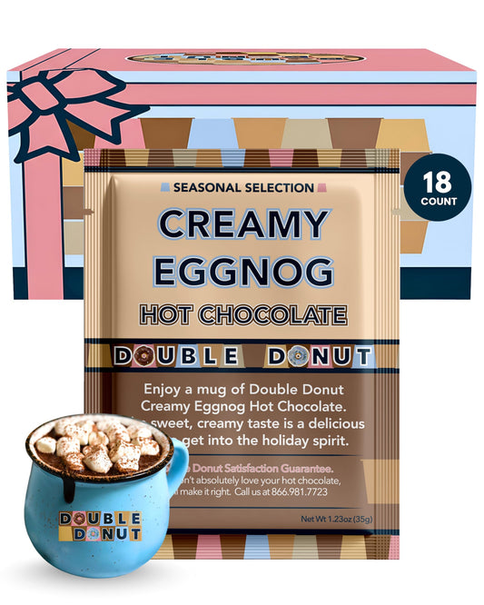 Double Donut Coffee Creamy Eggnog Hot Chocolate Mix Packets, Flavored Eggnog Hot Cocoa Mix, 18 Count