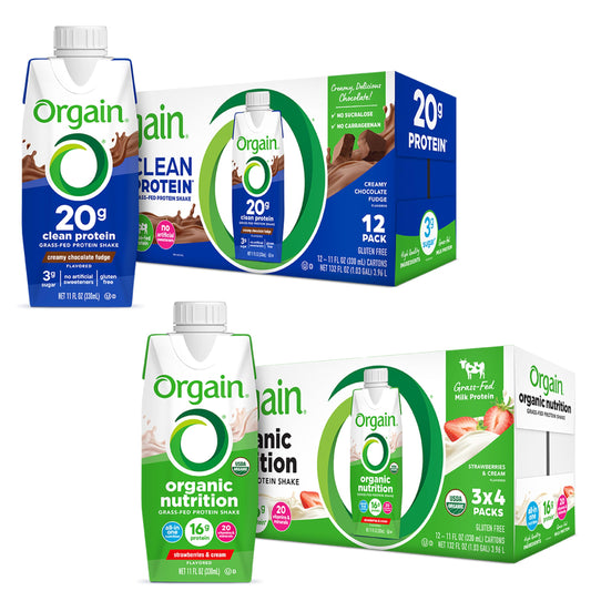 Orgain Organic Nutritional Protein Shake, Strawberries & Cream (Pack of 12) and Orgain Clean Protein Shake, Grass Fed Dairy, Creamy Chocolate Fudge (Pack of 12)