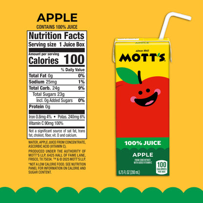 Mott's 100% Original Apple Juice, 6.75 Fl Oz Boxes, 32 Count (4 Packs Of 8), 2 Servings Of Fruit, 100% Fruit Juice, Gluten-free, Caffeine-free, Kosher, Contains No Artificial Colors Or Sweeteners