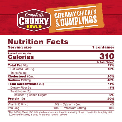 Campbell’s Chunky Creamy Chicken and Dumplings Soup, 15.25 oz Bowl