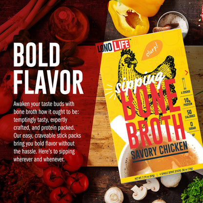 LonoLife Chicken Bone Broth Powder Mix | 10g Protein | Collagen-Rich, Keto & Paleo Friendly | Natural Ingredients | 10 Portable Stick Pack Servings