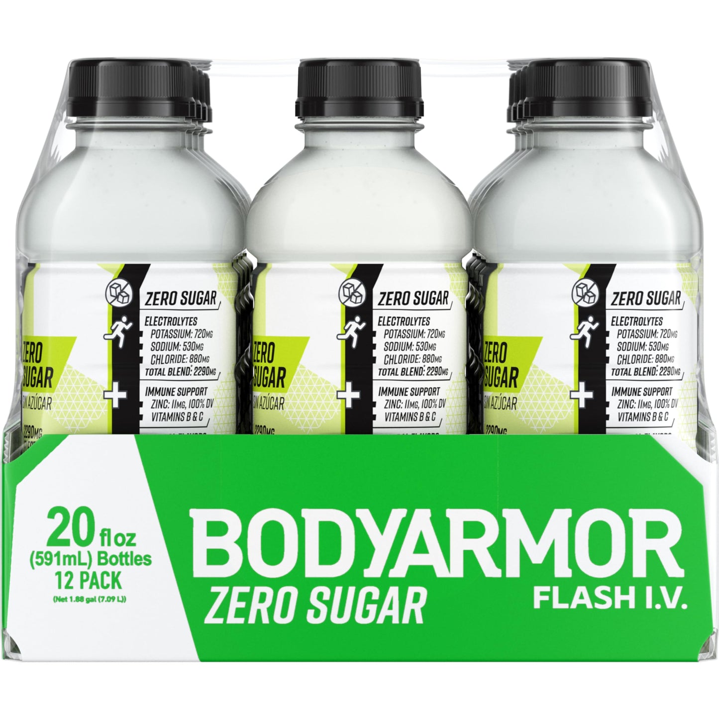 BODYARMOR Flash I.V. Zero Sugar Electrolyte Beverage, Lemon Lime, Hydration Drink For Rapid Rehydration, Post Workout Recovery, 20 Fl Oz (Pack of 12)