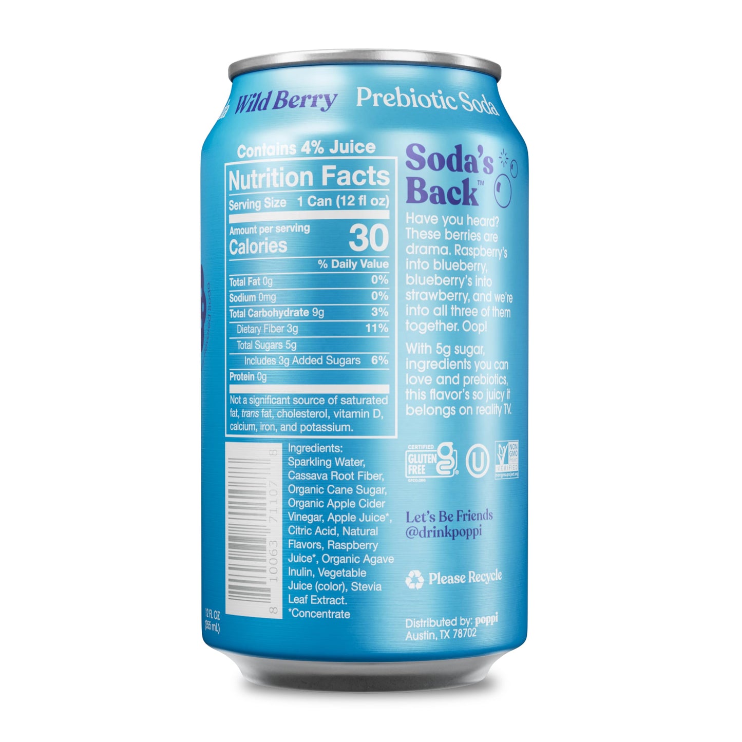 Poppi Sparkling Prebiotic Soda Beverage with Apple Cider Vinegar, Seltzer Water and Fruit Juice, Wild Berry Flavor, 12 oz, Pack of 12, Packaging May Vary.
